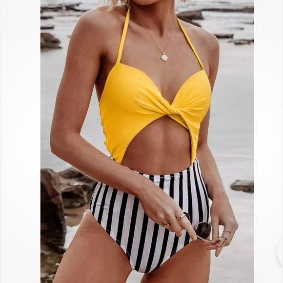 CUPSHE One-piece Yellow Halter Cut-out Front Swimsuit - Picture 1 of 8